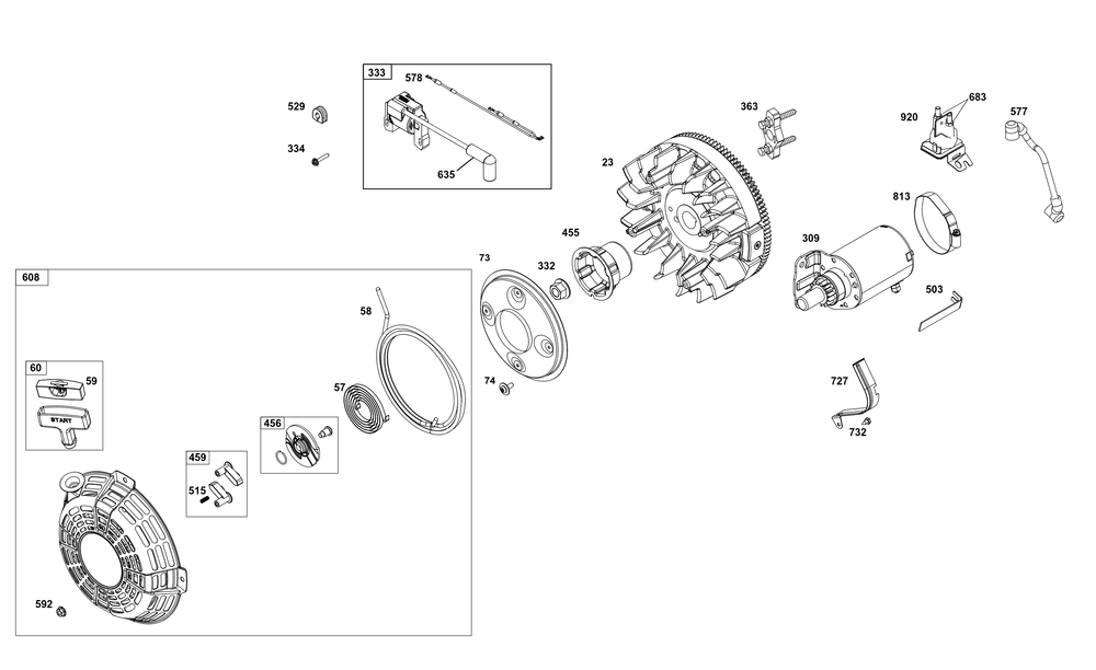 Flywheel, Ignition, And Starter Group Diagram and Parts List for 305447-0036-F1 200000 - 399999 Briggs and Stratton Engine